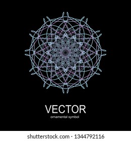 Made of thin lines detailed. Floral symmetrical geometrical symbol. Vector flower mandala icon isolated on round colored pattern. 