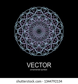 Made of thin lines detailed. Floral symmetrical geometrical symbol. Vector flower mandala icon isolated on round colored pattern. 