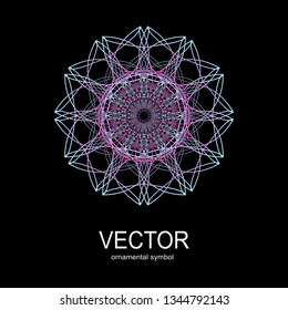 Made of thin lines detailed. Floral symmetrical geometrical symbol. Vector flower mandala icon isolated on round colored pattern. 