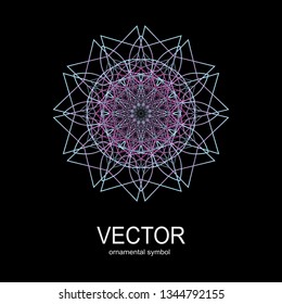 Made of thin lines detailed. Floral symmetrical geometrical symbol. Vector flower mandala icon isolated on round colored pattern. 