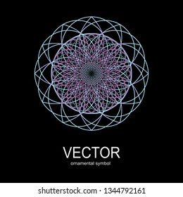 Made of thin lines detailed. Floral symmetrical geometrical symbol. Vector flower mandala icon isolated on round colored pattern. 