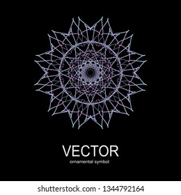 Made of thin lines detailed. Floral symmetrical geometrical symbol. Vector flower mandala icon isolated on round colored pattern. 