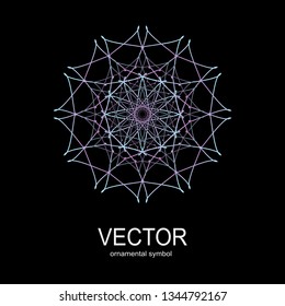 Made of thin lines detailed. Floral symmetrical geometrical symbol. Vector flower mandala icon isolated on round colored pattern. 