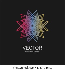 Made of thin lines detailed. Floral symmetrical geometrical symbol. Vector flower mandala icon isolated on round colored pattern.