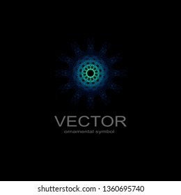 Made of thin lines detailed. Floral symmetrical geometrical symbol. Vector flower mandala icon isolated on round pattern.