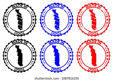Made in Togo - rubber stamp - vector, Togolese Republic map pattern - black, blue and red