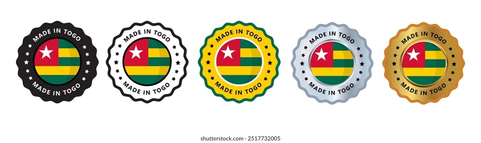 Hecho en togo conjunto de insignia de sello de signo, con color variante amarillo verde, plateado, dorado, negro adecuado para productos fabricados, militares, agricultura o Ilustración vectorial alimentaria eps texto editable