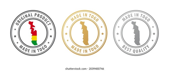 Made in Togo - set of stamps with map and flag. Best quality. Original product. Vector illustration