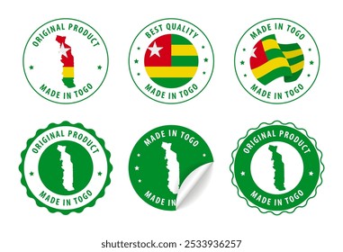 Made in Togo - set of stamps and stickers with map and flag. Best quality. Original product. Vector illustration.