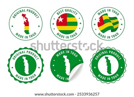 Made in Togo - set of stamps and stickers with map and flag. Best quality. Original product. Vector illustration.