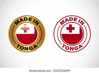 Made in Tonga Label-Symbol mit Flagge. Symbolsatz für Unternehmen, Plakette, Siegel, Aufkleber, Logo und Symbol