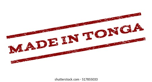 Made In Tonga watermark stamp. Text tag between parallel lines with grunge design style. Rubber seal stamp with dirty texture. Vector dark red color ink imprint on a white background.