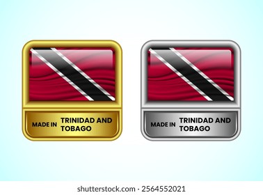 Made in Trinidad and Tobago label icon in gold and silver color. Flag icon set for business