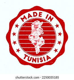 Made In Tunisia. Country round stamp. Seal of Tunisia with border shape. Vintage badge with circular text and stars. Vector illustration.