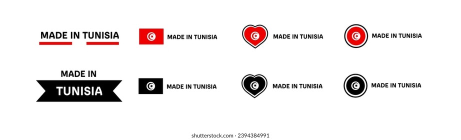 Made in Tunisia flag icons. Different styles, Made in Tunisia flag in square, heart, circle icons. Vector icons