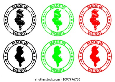 Made in Tunisia - rubber stamp - vector, Tunisia map pattern - black, green and red