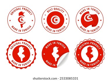 Made in Tunisia - set of labels, stamps, badges, with the Tunisia map and flag. Best quality. Original product. Vector illustration