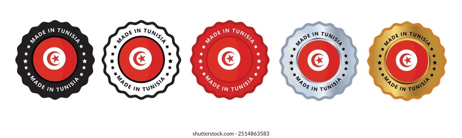 Made in Tunisia or tunis set of sign stamp badge, with varian color red, silver, gold, black suitable for products manufactured, military, agriculture or food vector illustration eps