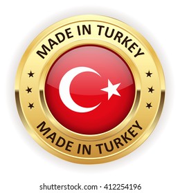 Made in turkey button with gold border on white background