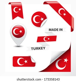 Made in Turkey collection of ribbon, label, stickers, pointer, badge, icon and page curl with Turkish flag symbol on design element. Vector EPS10 illustration isolated on white background.