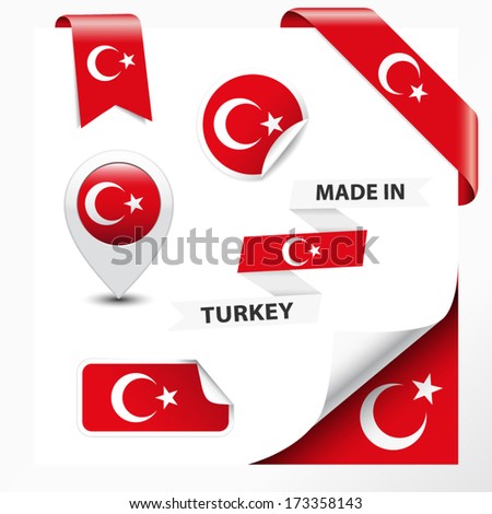Made in Turkey collection of ribbon, label, stickers, pointer, badge, icon and page curl with Turkish flag symbol on design element. Vector EPS10 illustration isolated on white background.