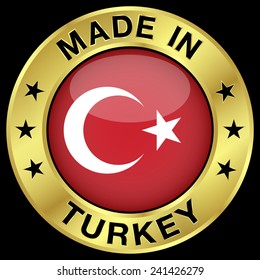 Made in Turkey gold badge and icon with central glossy Turkish flag symbol and stars. Vector EPS 10 illustration isolated on black background.