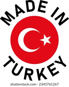 Made in Turkey Round Badge Product Tag Symbol with Flag in Circle and Text around it. Vector Image.