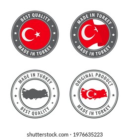 Made in Turkey - set of labels, stamps, badges, with the Turkey map and flag. Best quality. Original product. Vector illustration