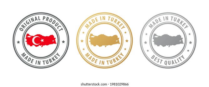 Made in Turkey - set of stamps with map and flag. Best quality. Original product. Vector illustration