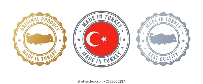 Made in Turkey - set of stamps with map and flag. Best quality. Original product. Vector illustration