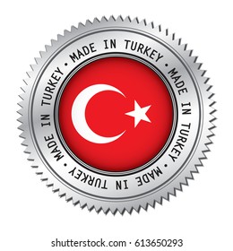 Made in Turkey silver badge with the flag symbol of Turkish flag in the center. Vector illustration isolated on white background.