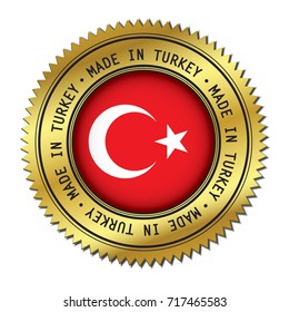 Made in Turkey silver badge with the flag symbol of Turkish flag in the center. Vector illustration isolated on white background.