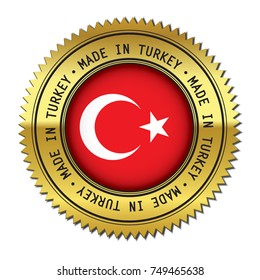 Made in Turkey silver badge with the flag symbol of Turkish flag in the center. Vector illustration isolated on white background.