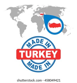 Made in Turkey stamp. World map with red country. Vector emblem in flat style on white background.
