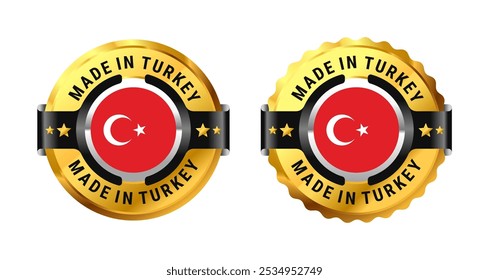 Made in turkey (türkiye) or turkiye logo a gold circle with a picture of a flag in the middle. For icon, stamp, label, badge, mark, sign, symbol, etc. Modern and minimalist. Vector Illustration