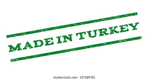 Made In Turkey watermark stamp. Text tag between parallel lines with grunge design style. Rubber seal stamp with dirty texture. Vector green color ink imprint on a white background.