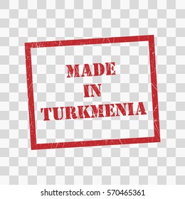 made in Turkmenia text rubber seal stamp watermark. Caption inside rounded rectangular banner with grunge design and dirty texture. Slanted vector ink sticker on transparent background