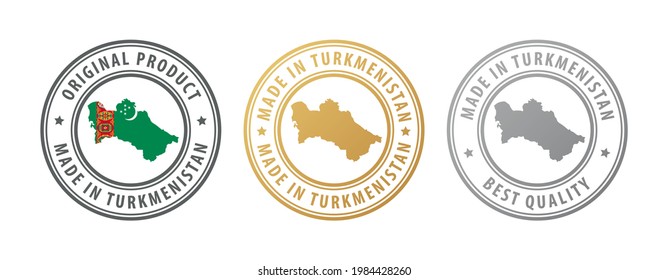 Made in Turkmenistan - set of stamps with map and flag. Best quality. Original product. Vector illustration