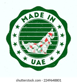 Made In UAE. Country round stamp. Seal of UAE with border shape. Vintage badge with circular text and stars. Vector illustration.