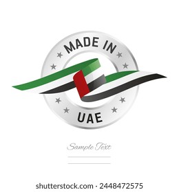 Made in UAE. UAE flag ribbon with circle silver ring seal stamp icon. UAE sign label vector isolated on white background