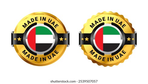 Made in Uae icon a gold circle with a picture of a flag in the middle. For sign, stamp, badge, logo, label, mark, symbol, Banner etc. Modern and minimalist. Vector Illustration