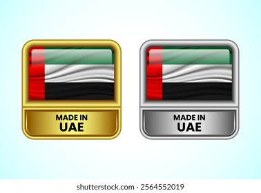 Made in UAE label icon in gold and silver color. Flag icon set for business