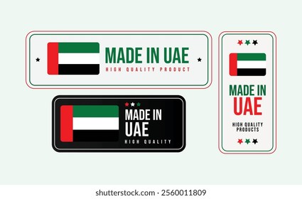 Made in UAE label set. Made in UAE stamp, big set of label, stickers, badge, UAE product emblem, quality product. Made in United Arab Emirates stamp, sticker with Indian flag and Indian flag colours.
