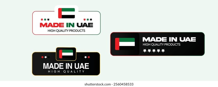 Made in UAE label set. Made in UAE stamp, big set of label, stickers, badge, UAE product emblem, quality product. Made in United Arab Emirates stamp, sticker with Indian flag and Indian flag colours.