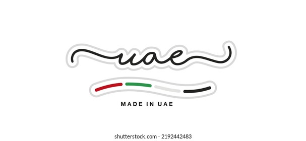 Made in UAE, new modern handwritten typography calligraphic logo sticker, abstract UAE flag ribbon banner