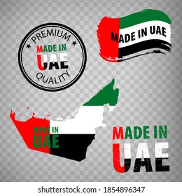 Made in UAE rubber stamps icon isolated on transparent background. Manufactured or Produced in  United Arab Emirates.  Map of  UAE. Set of grunge rubber stamps for your design. EPS10.