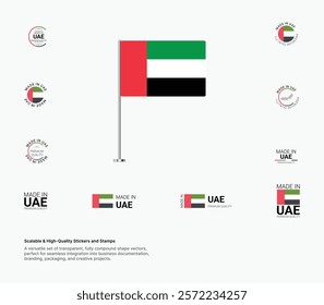 Made in UAE Stamps, Flag, Tags, labels, Seals, Icons. Creative Designs for Branding and Packaging