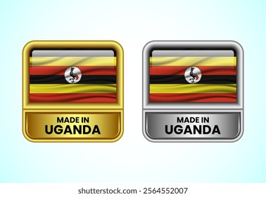 Made in Uganda label icon in gold and silver color. Flag icon set for business