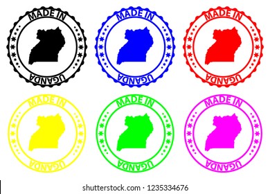 Made in Uganda - rubber stamp - vector, Republic of Uganda map pattern - black, blue, green, yellow, purple and red