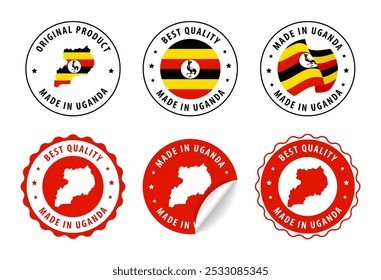 Hecho en Uganda - conjunto de etiquetas, sellos, insignias, con el mapa de Uganda y la bandera. La mejor calidad. Producto original. Ilustración vectorial